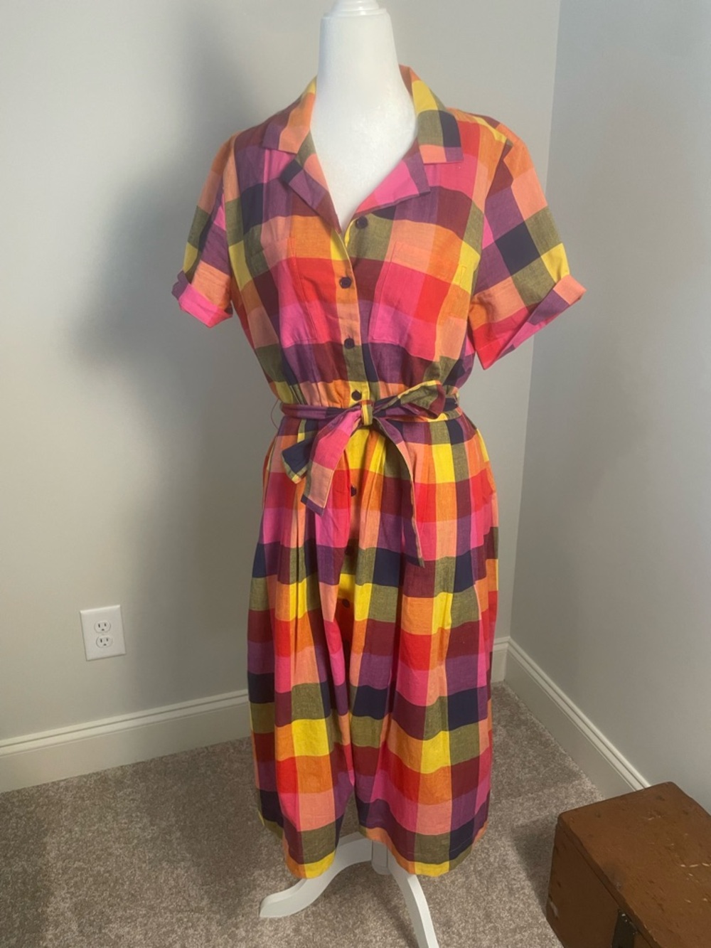 Button-Front Midi Shirt Dress in Multicolor Plaid